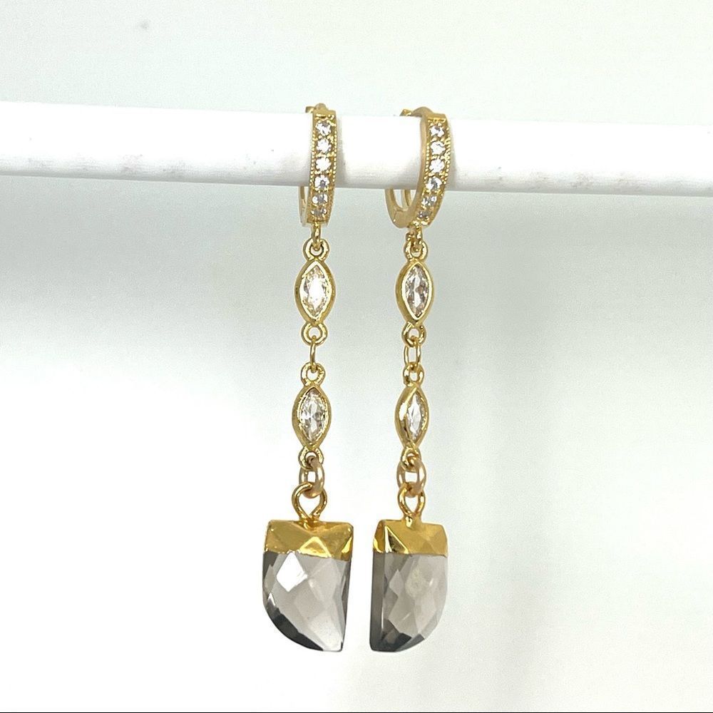 Smokey topaz colored glass earrings on cubic chain and hoops.